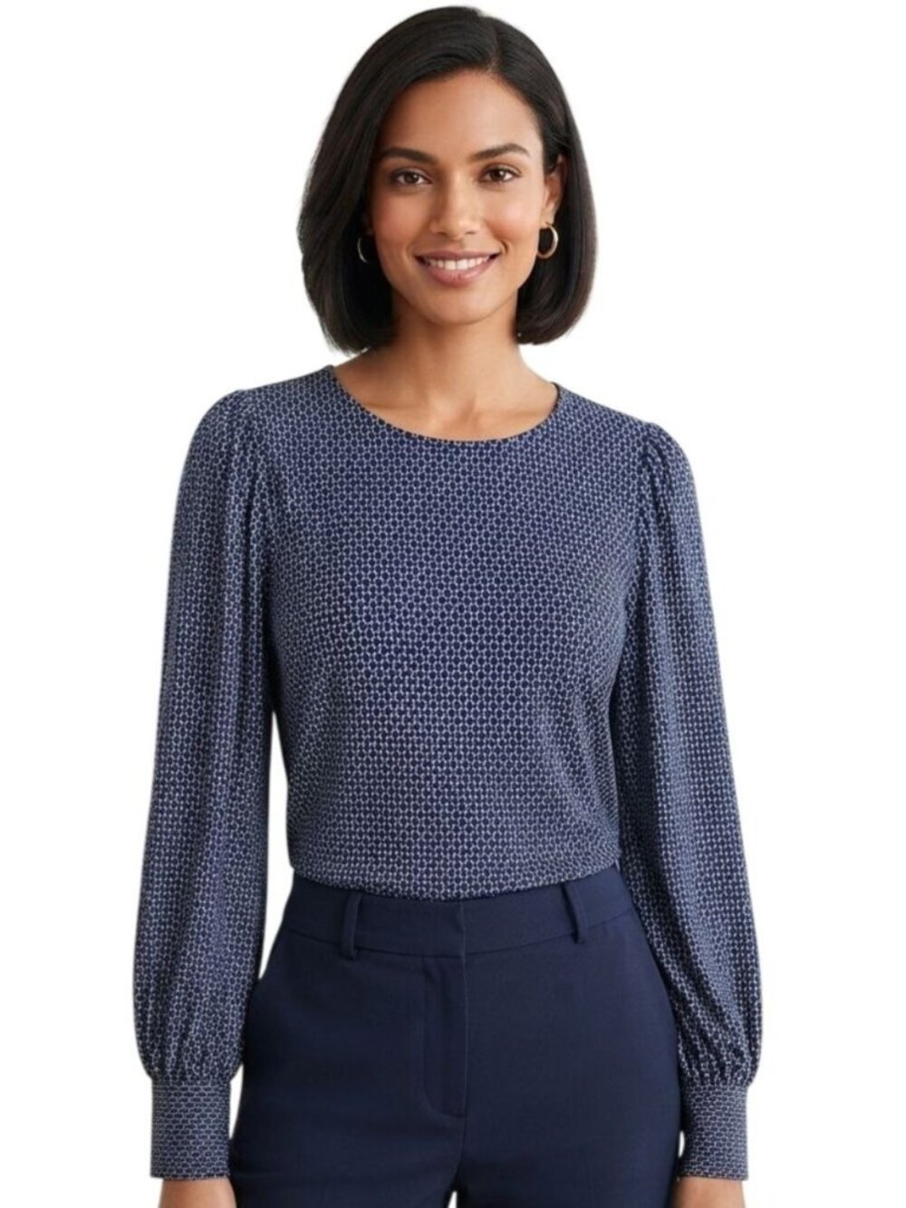 Ann Taylor Navy White Geometric Scoop Neck Balloon Sleeve Jersey Size L